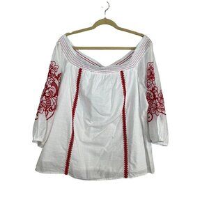 Lane Bryant Top Women 22 Red Off Shoulder Floral Smock Boho Western Hippie 80s